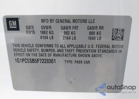 2015 Chevrolet Cruze 1Lt Auto z USA, uszkodzony, nr VIN 1G1PC5SB5F7228361